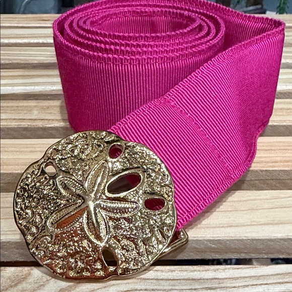 J. Crew Accessories - J.Crew Pink Grosgrain Belt Gold Sand Dollar Buckle Preppy Coastal Belt